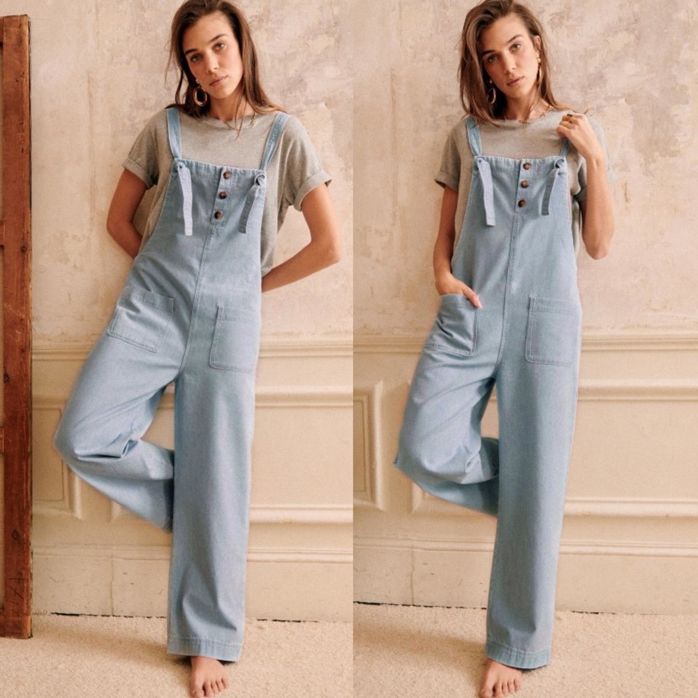 Sezane Wide Leg Brian Jumpsuit Light Blue Size 34 French US 2 Overalls Tie Strap
